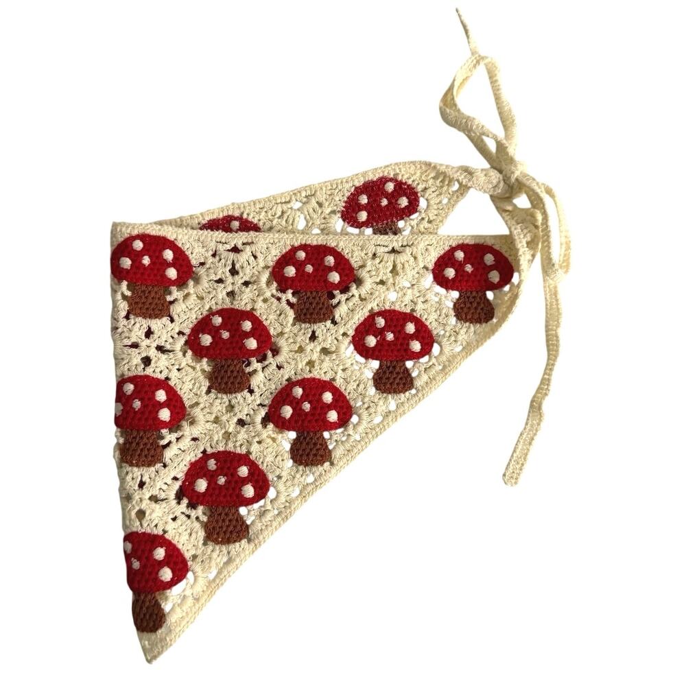 Sunday State crochet headband cream featuring a red and brown mushroom pattern